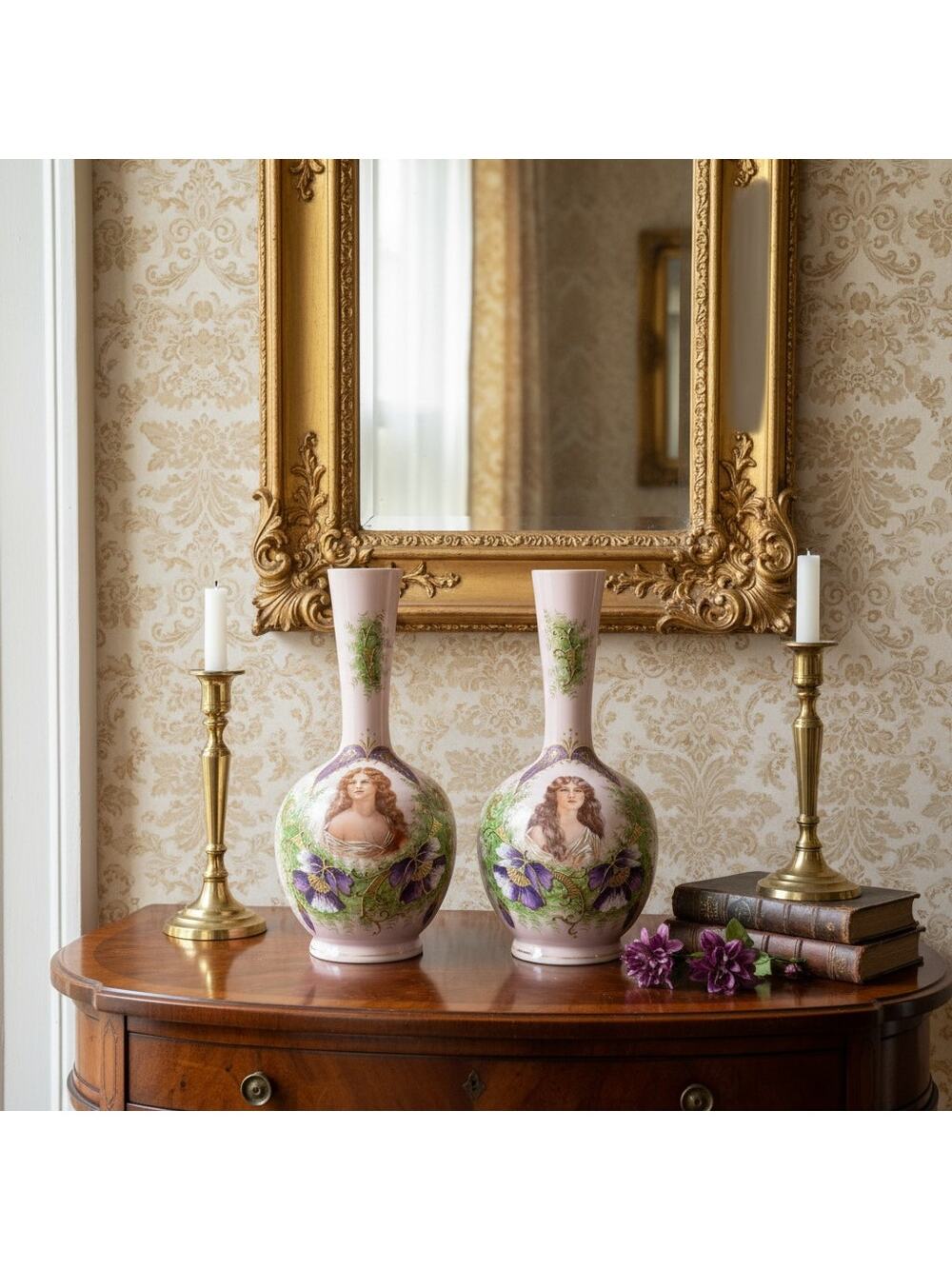 Antique Austrian Portrait Vases Pair-Art Nouveau-Pink Enamel-Maiden-Porcelain